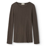 Brun uld pointelle T-shirt med lange ærmer og rund hals