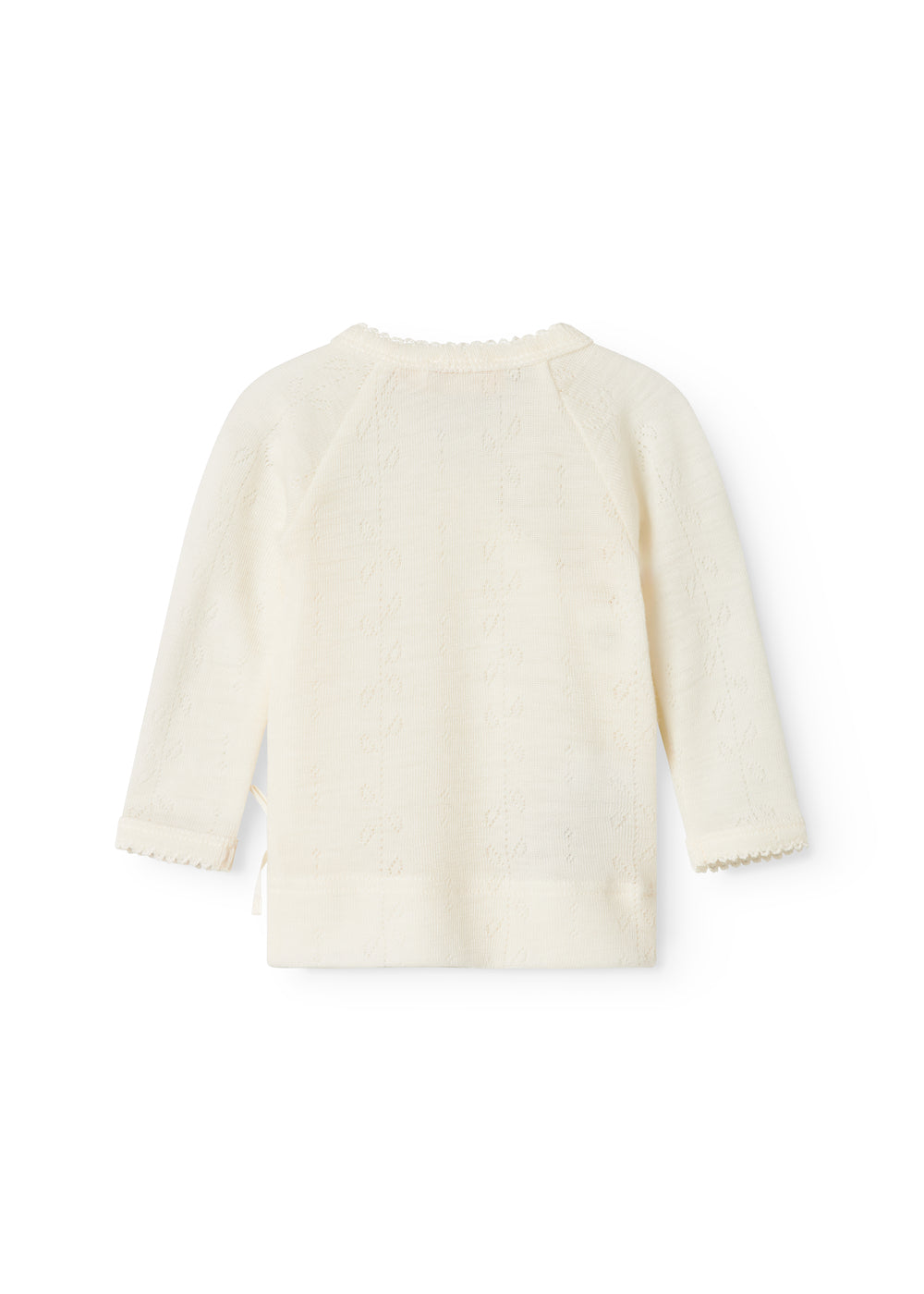 Uld pointelle bluse i naturhvid med lange ærmer og rund halsudskæring bagpå.
