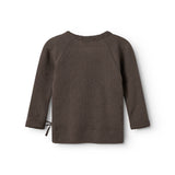 Mørk brun uldbluse med lange ærmer og rund hals, lige ryg