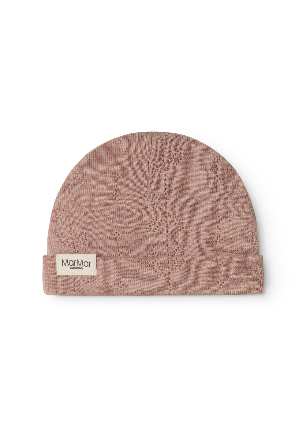 Uld hue i brændt rosa med pointelle-mønster, ribkant og MarMar-logo