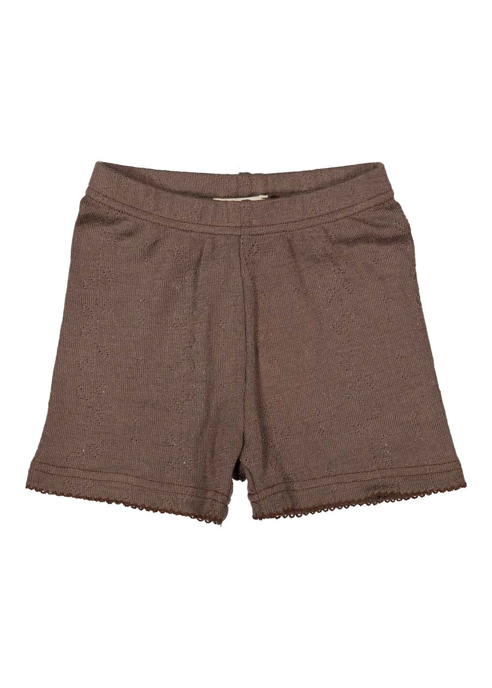 Uld pointelle underbukser (korte shorts) i mørkbrun med elastisk linning og pynt i kanten