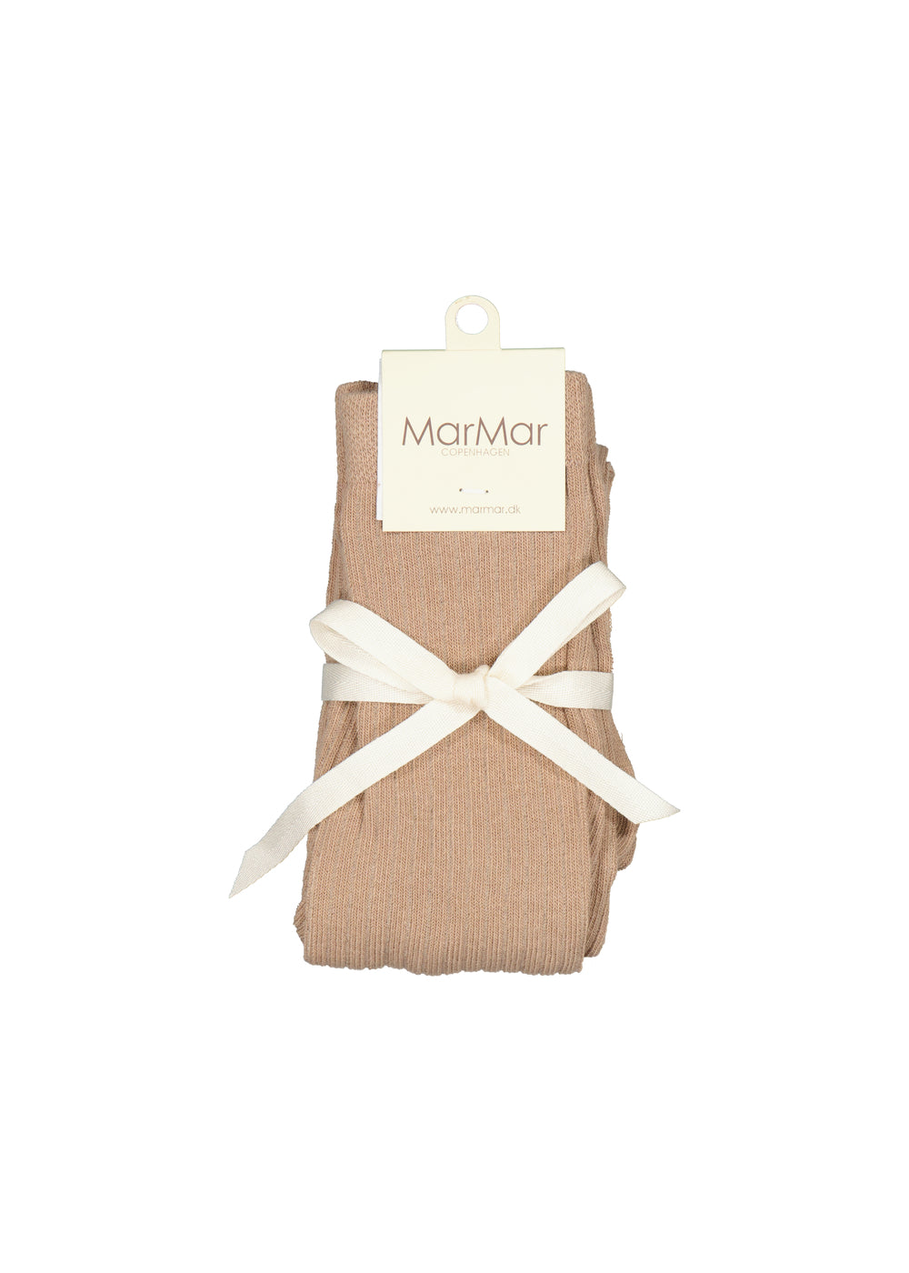 Beige strømpebukser med satin-sløjfe og MarMar mærke, foldet pakke.