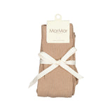 Beige strømpebukser med satin-sløjfe og MarMar mærke, foldet pakke.