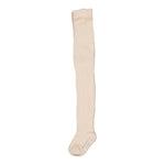 Lys beige strømpebukse med pointelle-look vist på ét ben