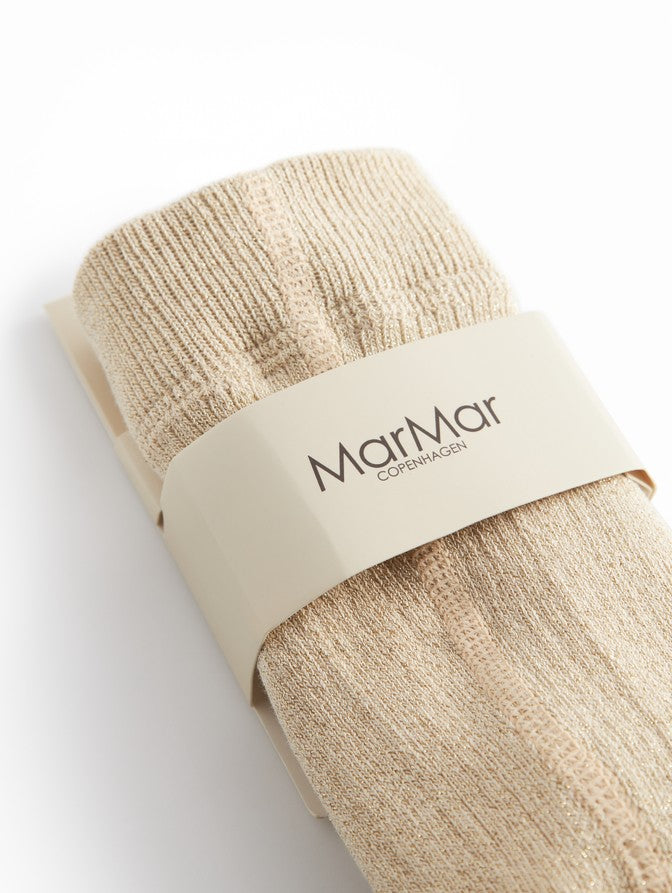 Strømpebukser med beige glitterstof og MarMar-mærke ved åbning