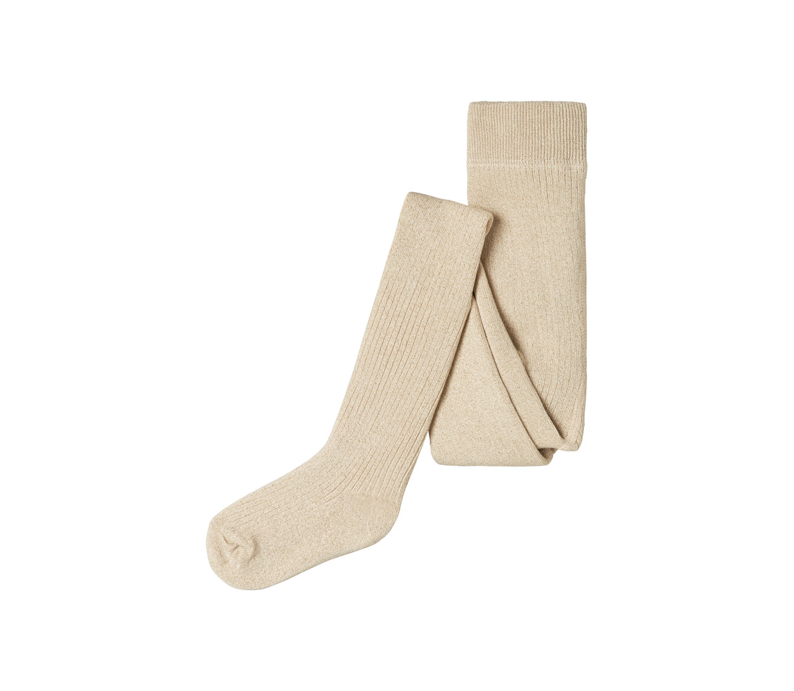 Beige glitterstrømpebukser med glitrende tråde, foldet som sæt