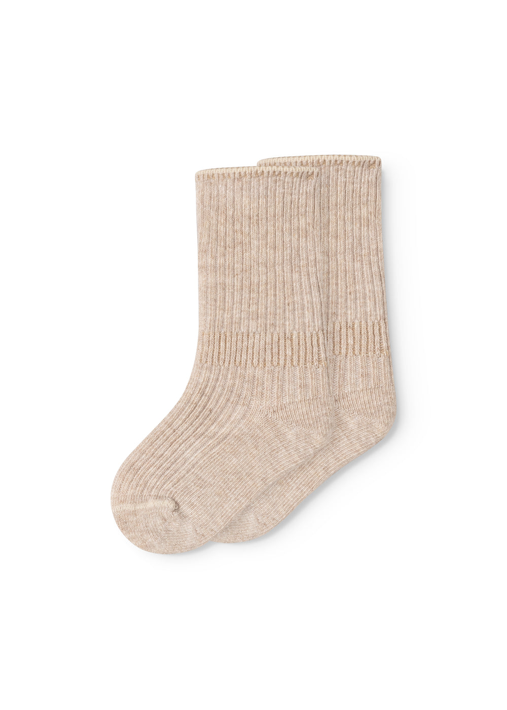 Par babystrømper i lyse beige melé med ribkant og strikket mønster på skaftet