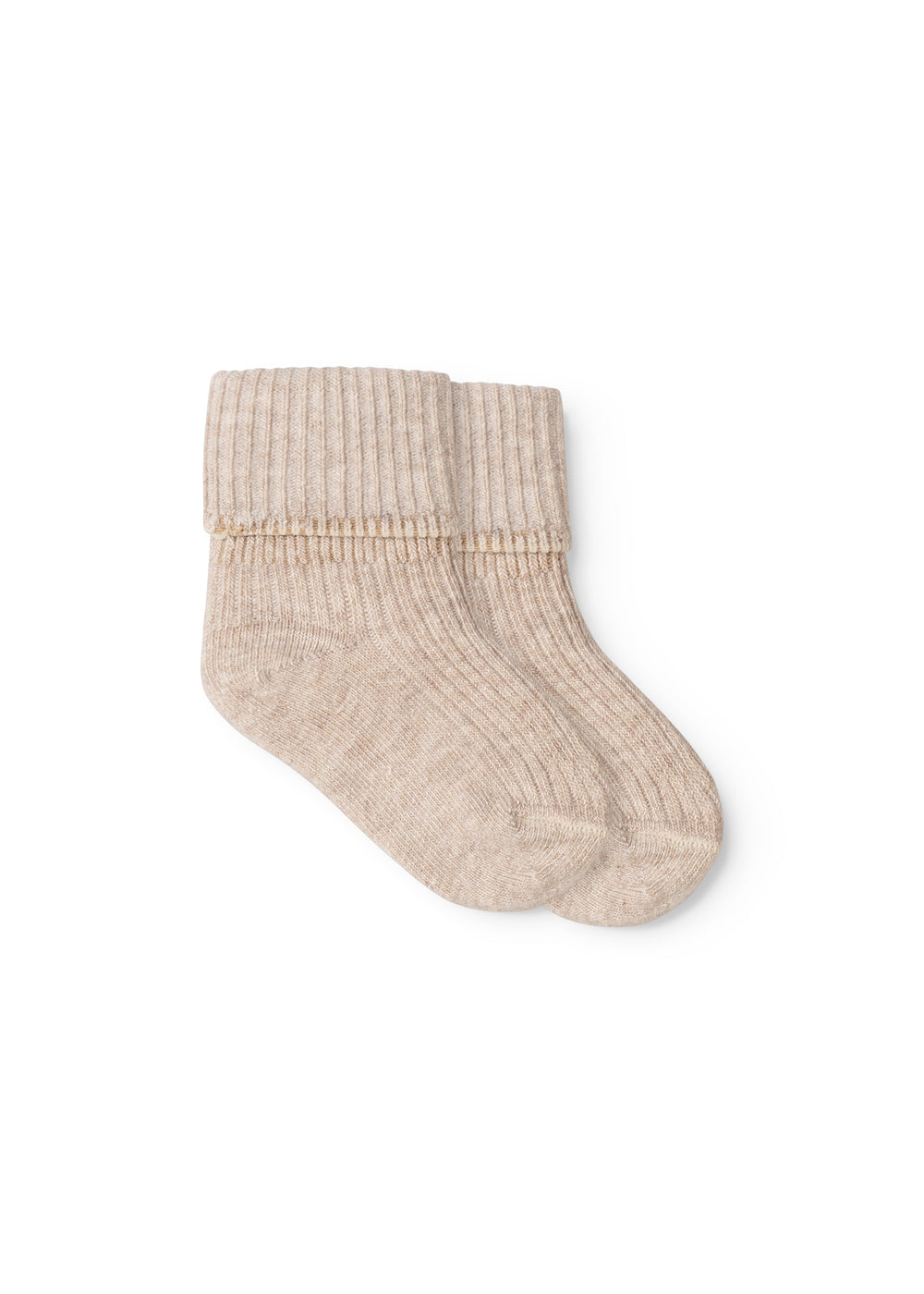Babystrømpe i lyse beige melé med ribkant og glat strik på skaft og tå