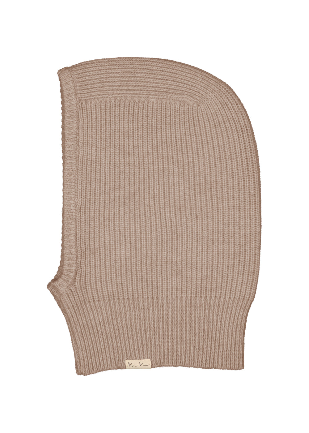 Beige strikket alpakka-melange balaclava med ribbet kant og søm