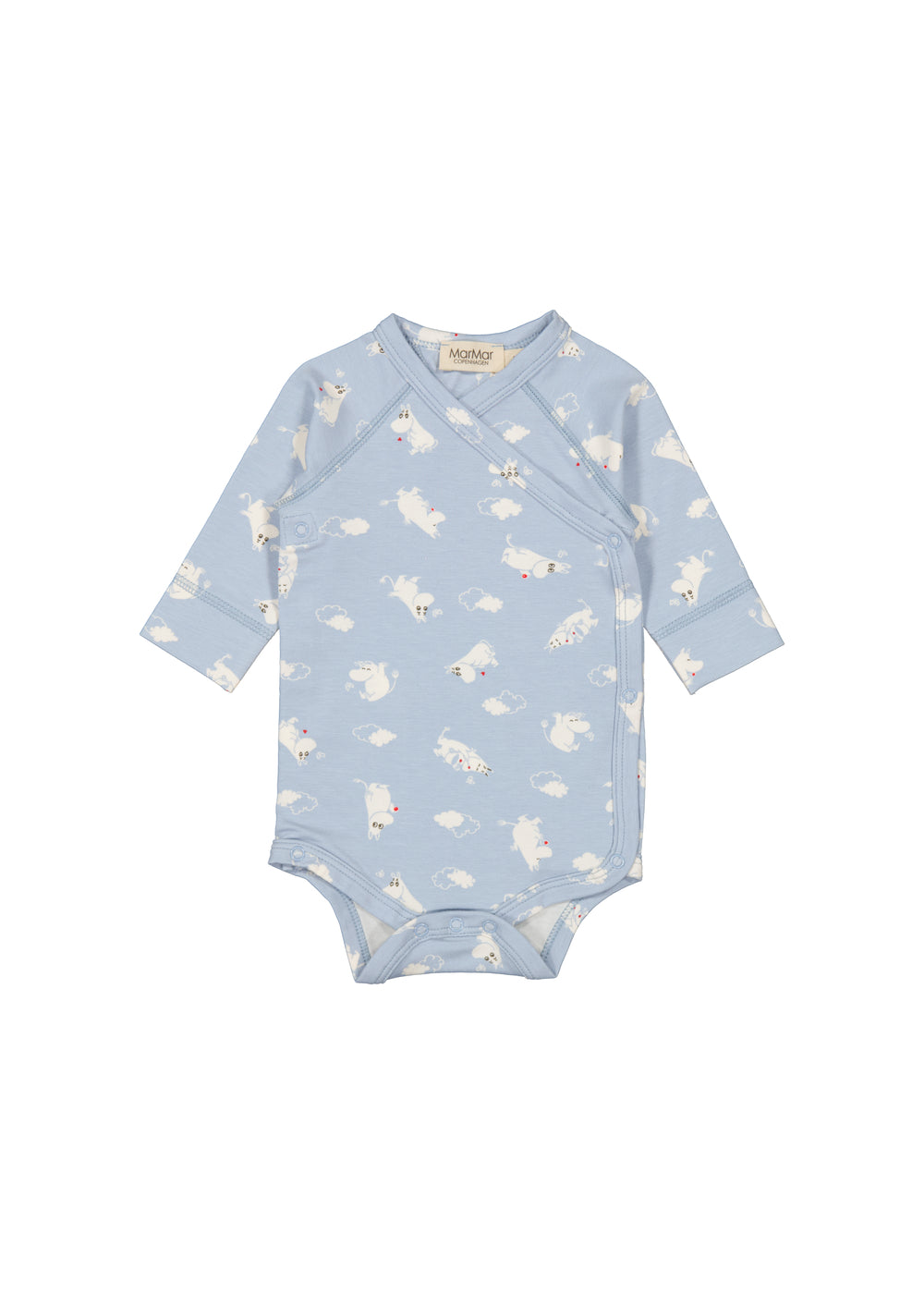 Lyseblå bodystocking med heldragt-knaplukning og Moomin-tryk, lange ærmer.