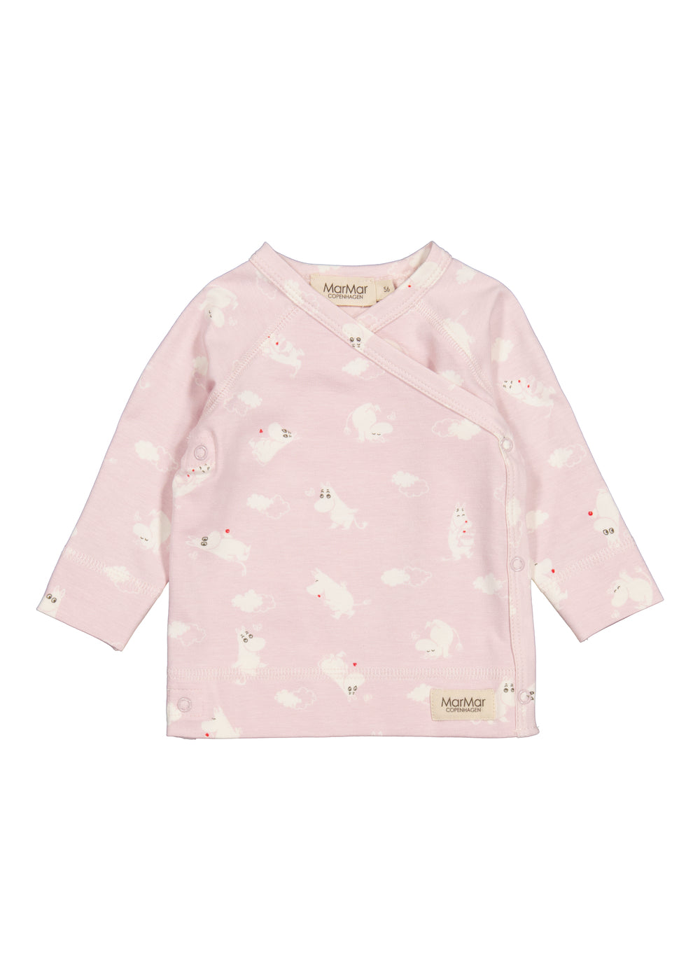 Lyserød omslagsbluse med lange ærmer og små Moomin-motiver overalt