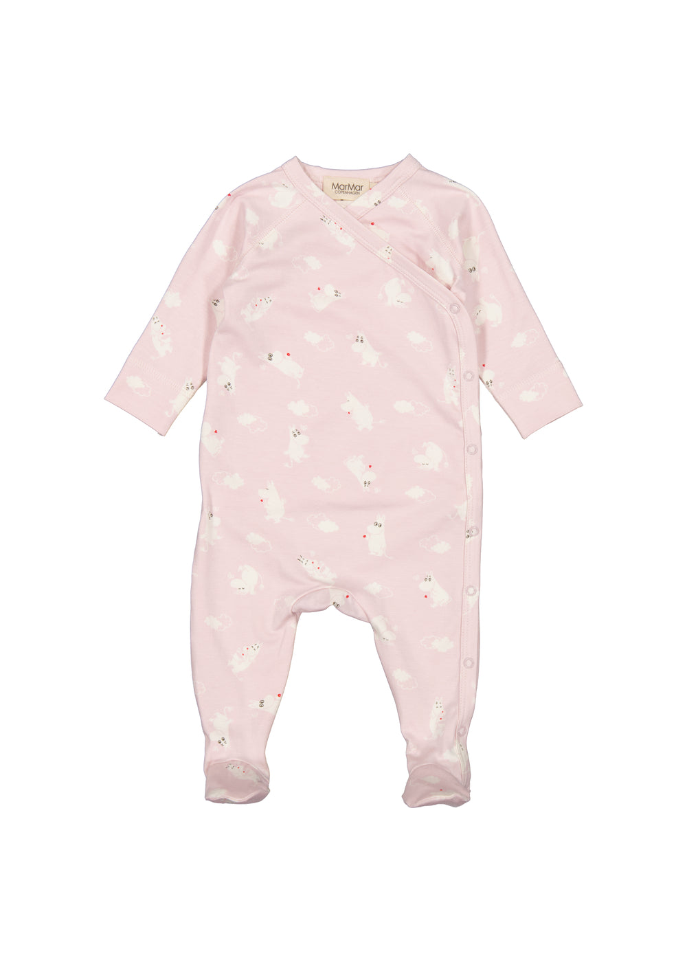 Rosa heldragt til baby med lange ærmer, trykknaplukning foran og allover Moomin-motiver