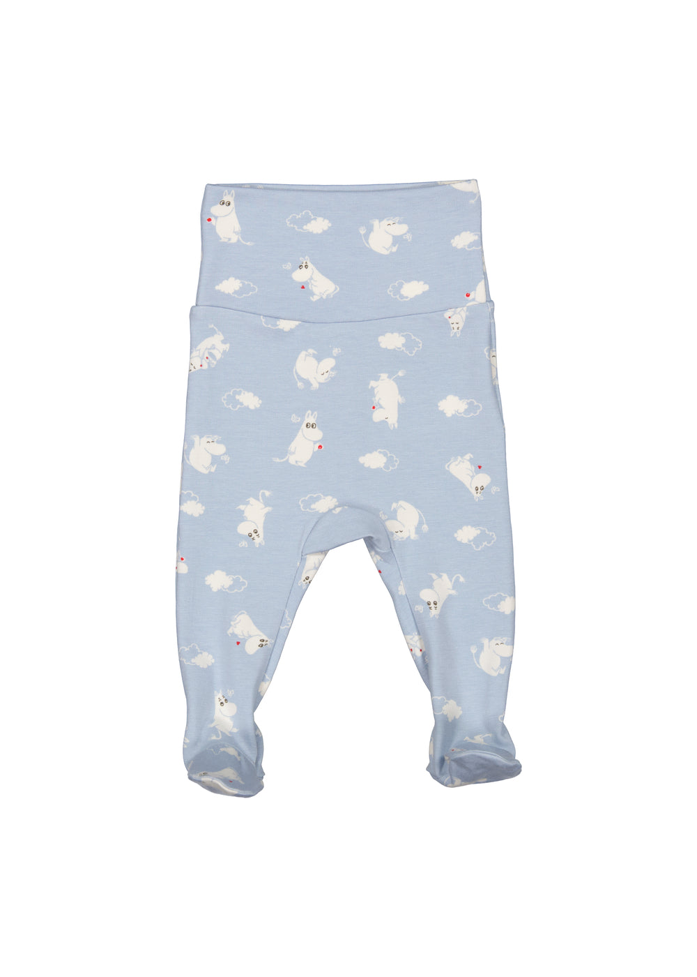 Lyseblå babybukser med allover Moomin-motiv og elastiske manchetter