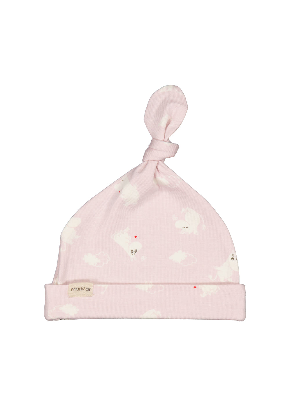 Lyserød Moomin babyhue med topknot og figurmønster, lille mærketiket