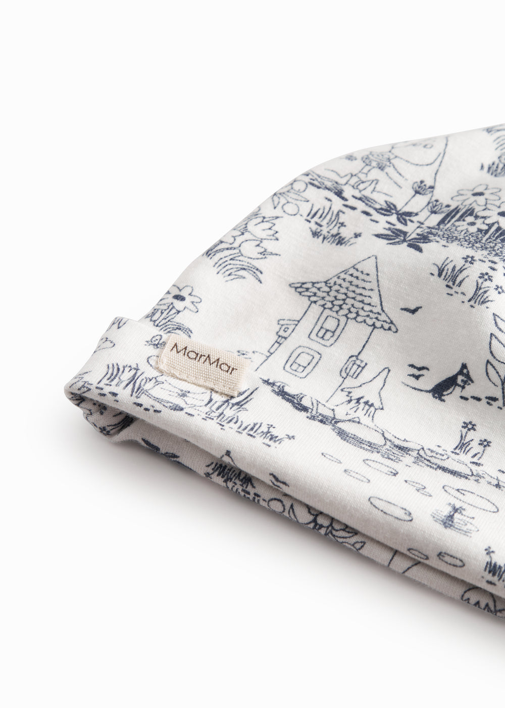 Hue til nyfødt med kant der kan foldes ned og, sød knude og Moomin print