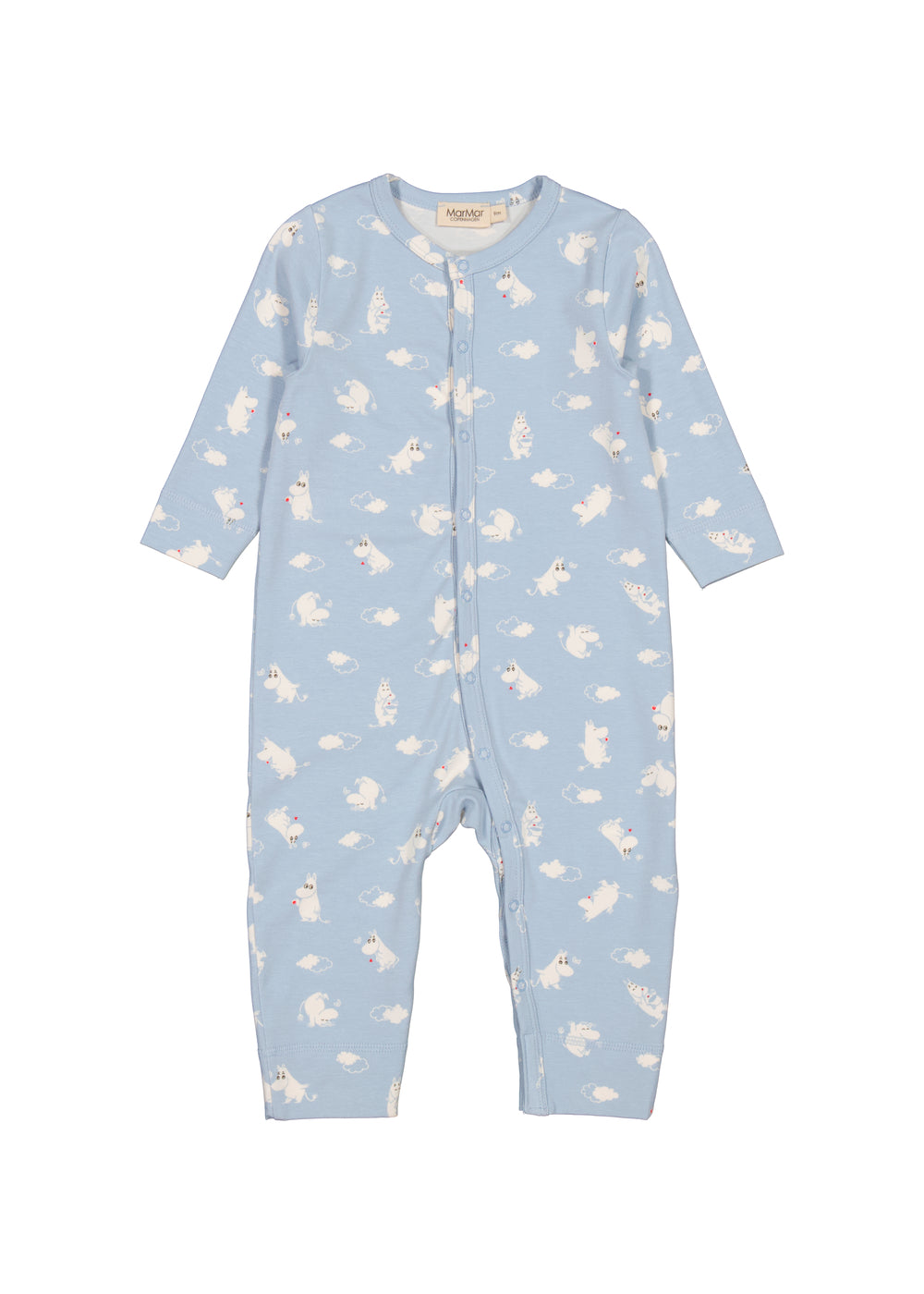 Ruka babyheldragt i lyseblåt med lynlås foran og allover Moomin-print