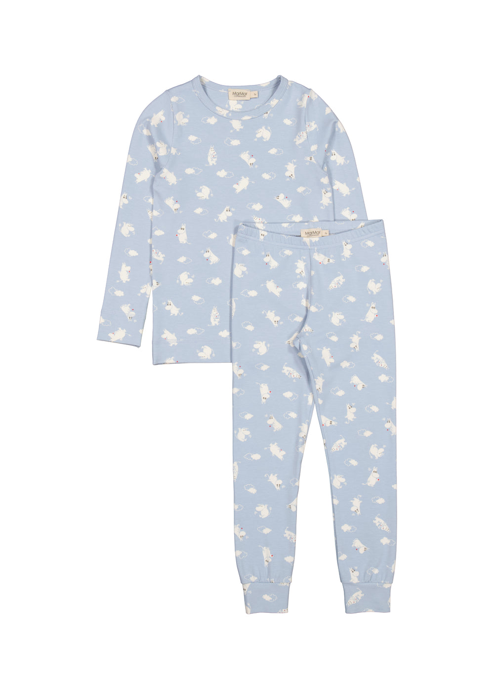 Lyseblå børnepyjamas heldragt med lange ærmer, bukser og brystlomme
