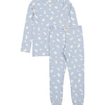 Lyseblå børnepyjamas heldragt med lange ærmer, bukser og brystlomme