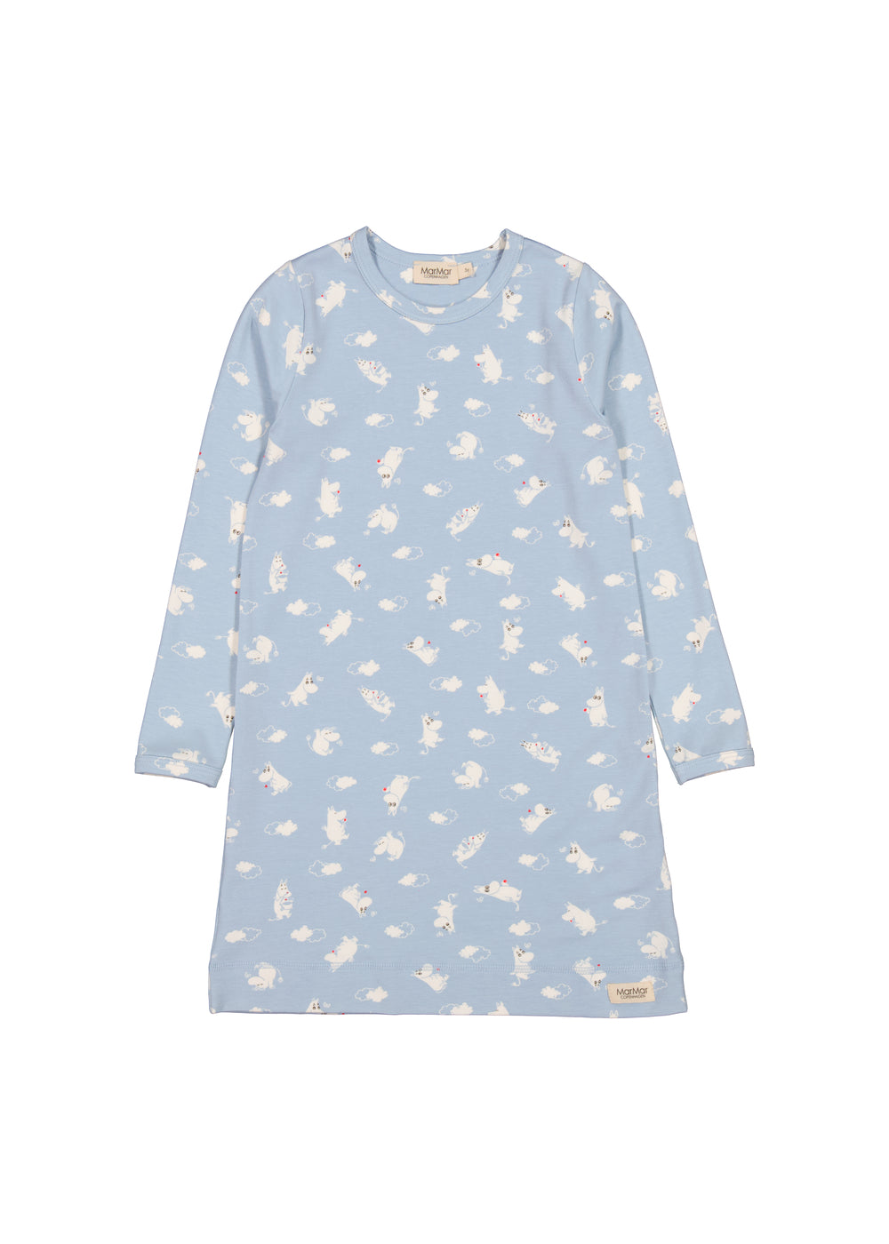 Lyseblå natkjole med lange ærmer og allover Moomin-print, rund hals