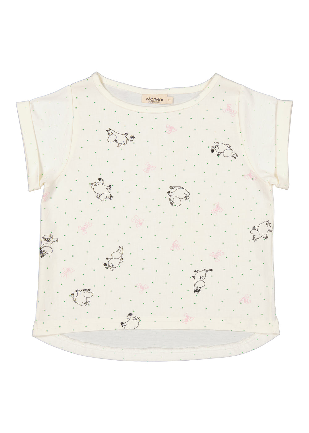 Lysecreme T-shirt med rund hals, korte ærmer og allover Moomin-tryk i små figurer