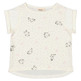 Lysecreme T-shirt med rund hals, korte ærmer og allover Moomin-tryk i små figurer