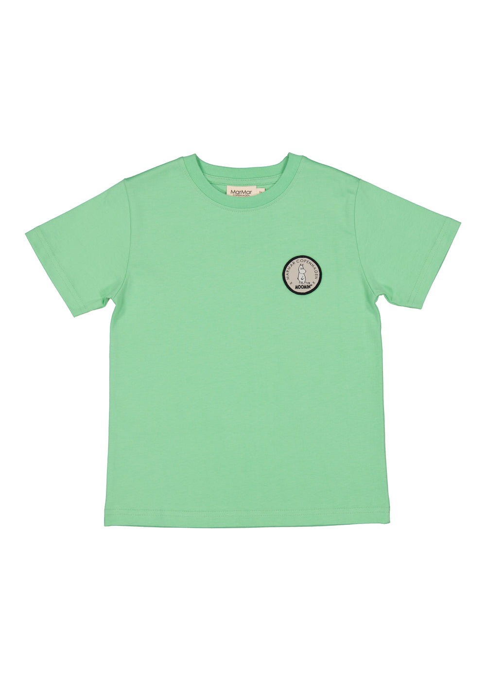 Mintgrøn børne-T-shirt med korte ærmer, rund hals og rund patch foran