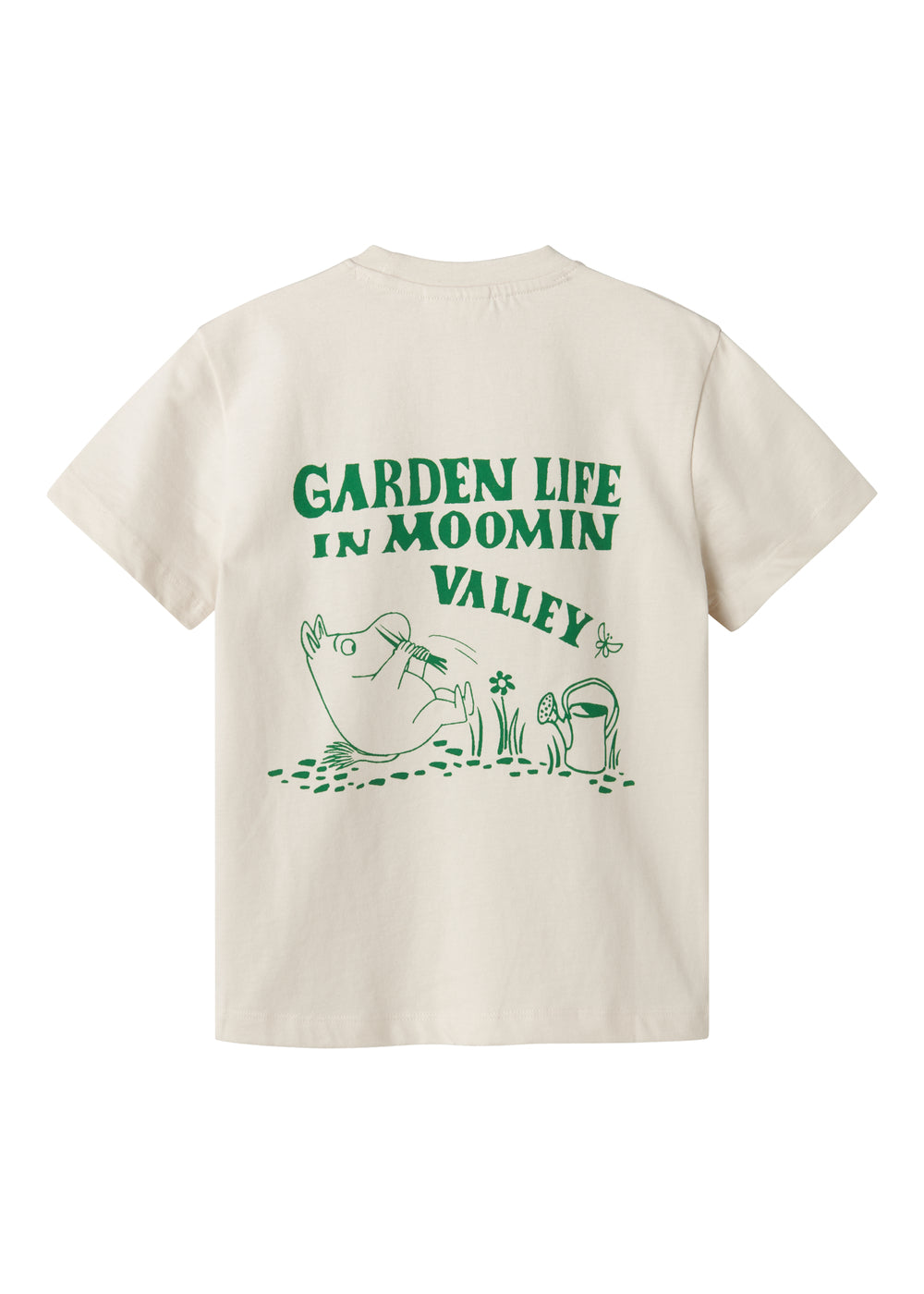 Råhvid T-shirt med grønt Moomin print til børn