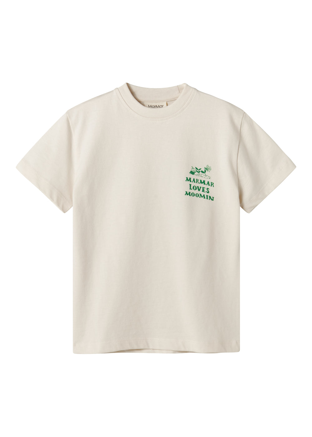 Råhvid T-shirt med grønt Moomin print til børn