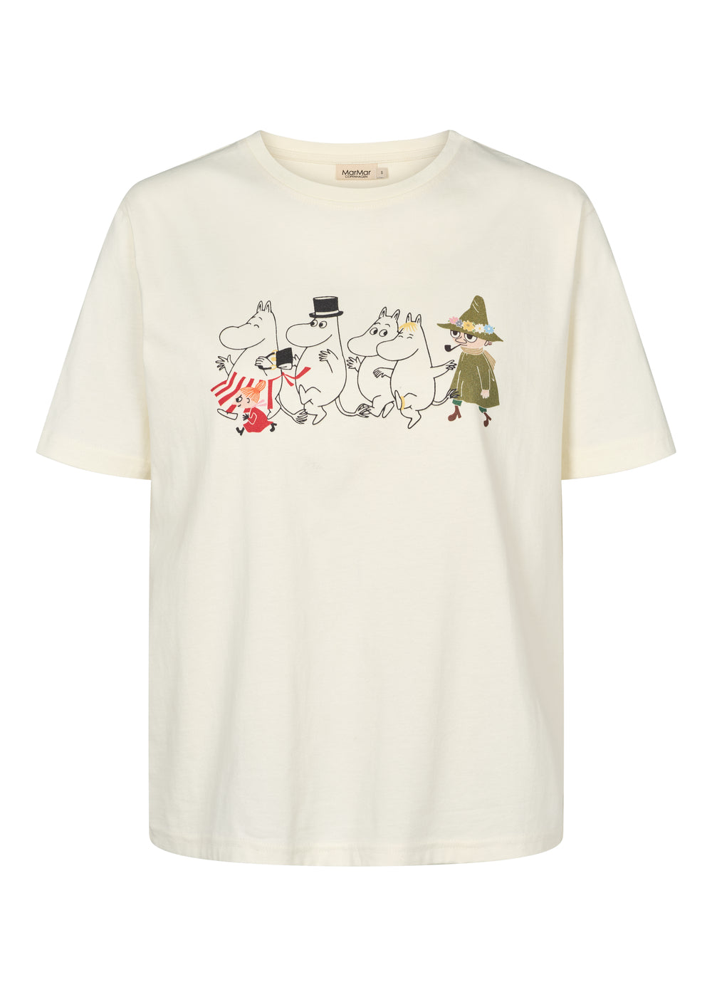 Cremefarvet T-shirt med kort ærme og farverigt Moomin-motiv på forsiden