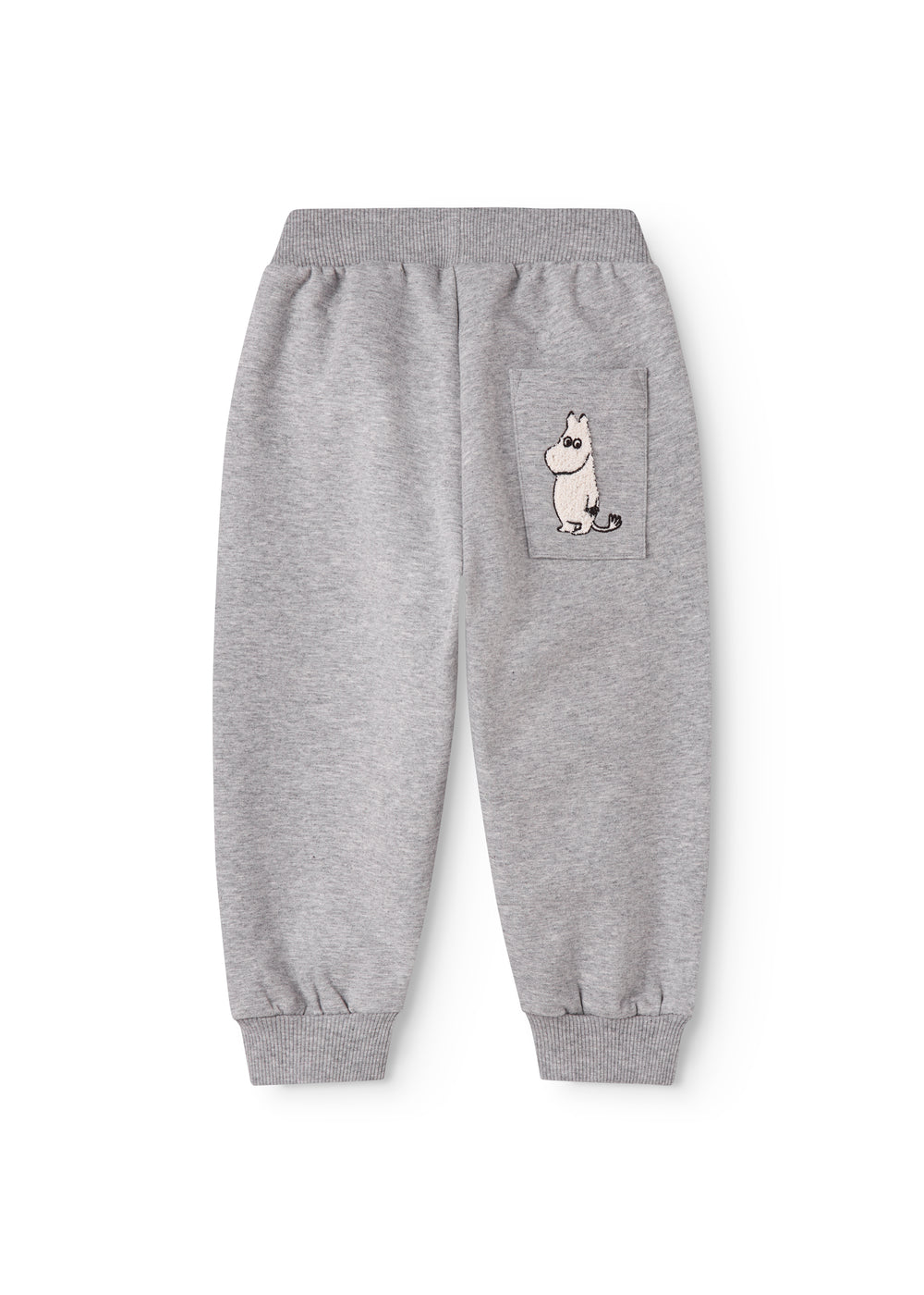 Grå sweatpants til baby med diskret Mumin-figurprint på benet og elastik i taljen