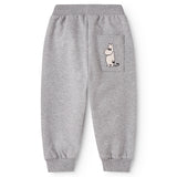 Grå sweatpants til baby med diskret Mumin-figurprint på benet og elastik i taljen
