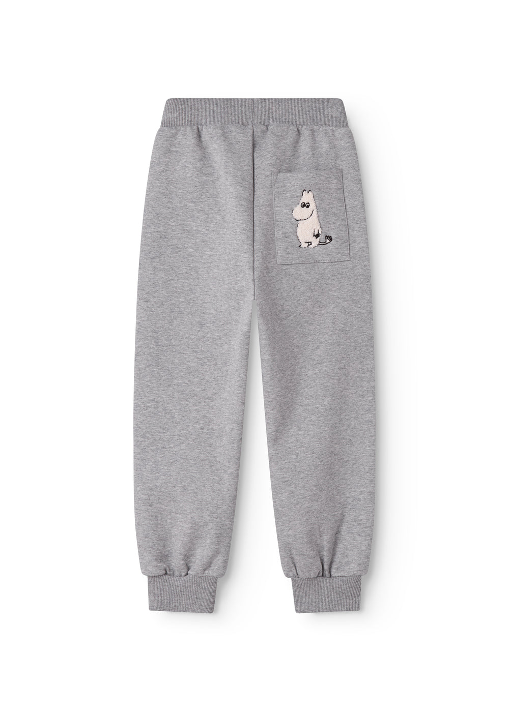 Grå sweatbukser med lille Moomin-figurprint på lår og elastisk benafslut