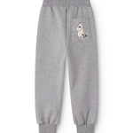 Grå sweatbukser med lille Moomin-figurprint på lår og elastisk benafslut