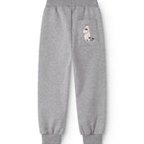Grå sweatbukser med lille Moomin-figurprint på lår og elastisk benafslut