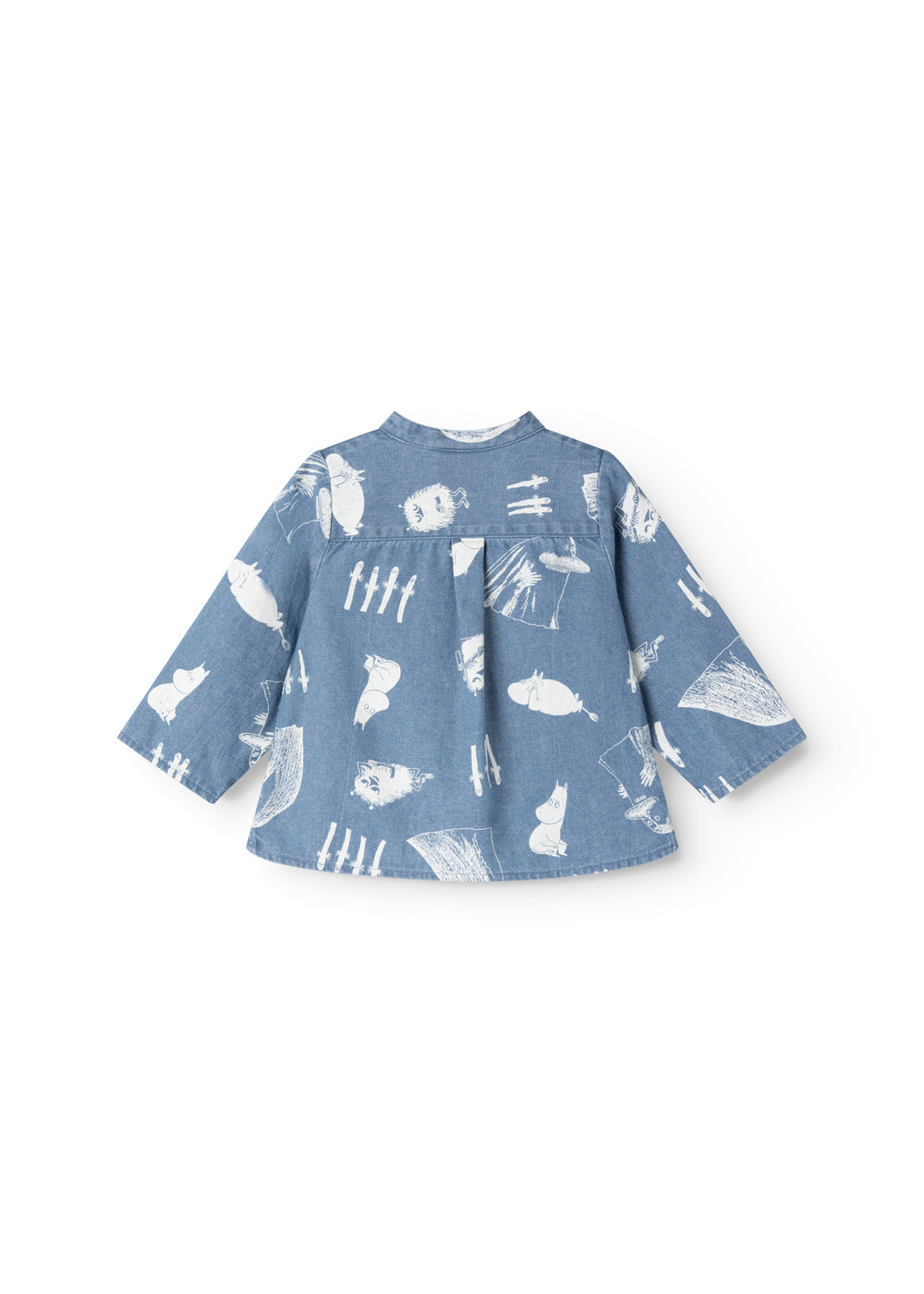 Blå baby-skjorte med Moomins-figurer og knaplukning foran.