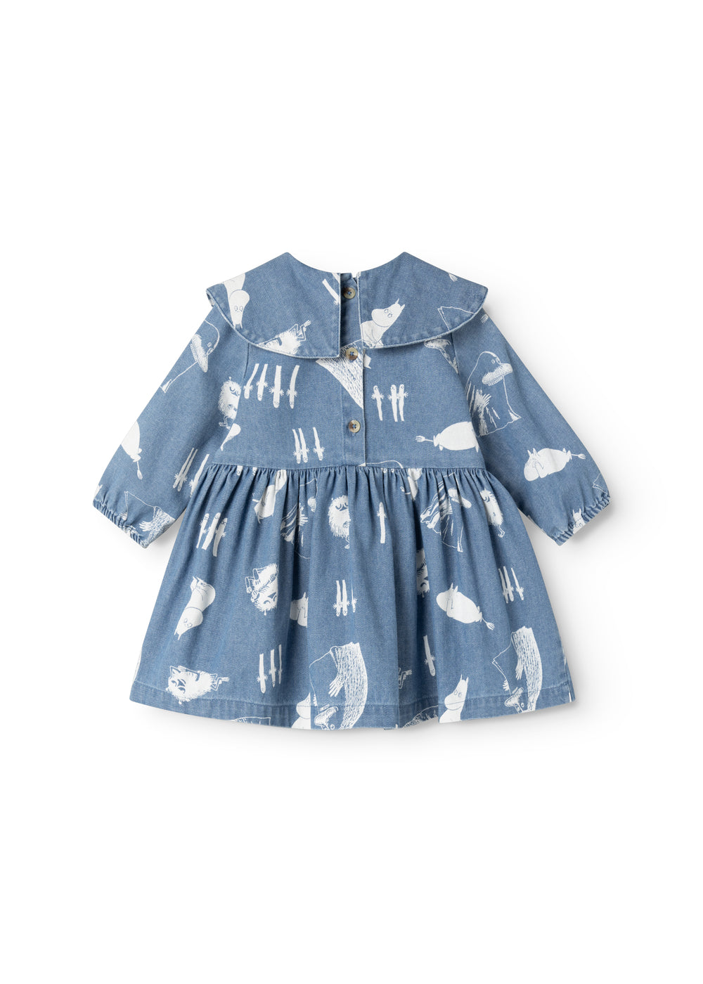 Blå denimkjole med rund krave og rynket skørt; langærmet med Moomins-illustrationer