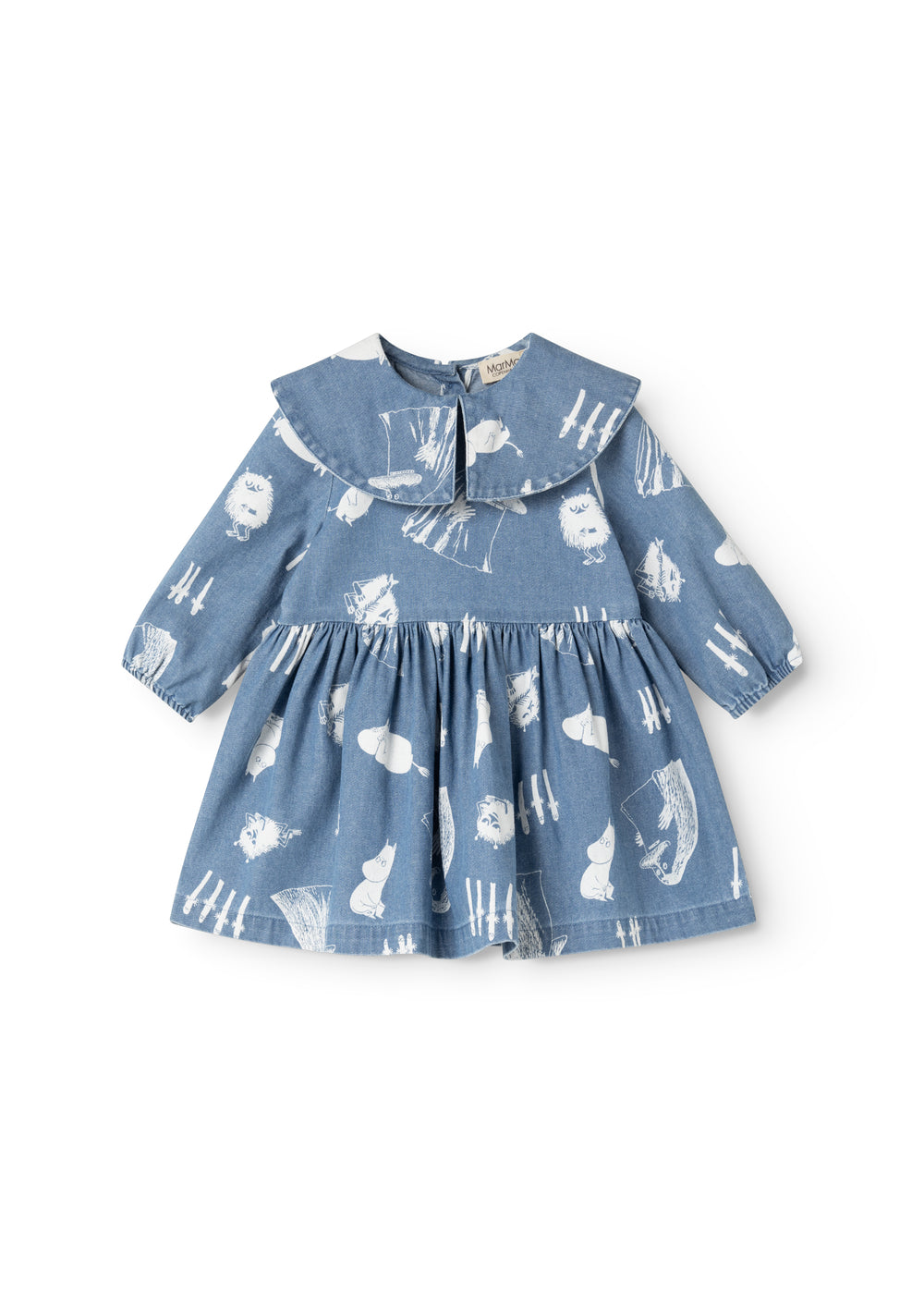 Blå denimkjole med rund krave, snapp-lukning og rynket skørt med Moomins-print
