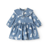 Blå denimkjole med rund krave, snapp-lukning og rynket skørt med Moomins-print
