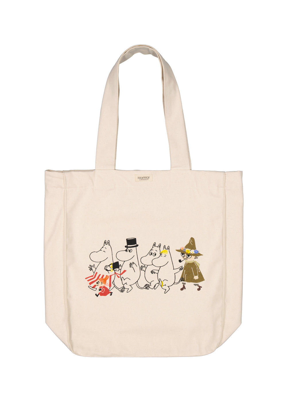 Creme stofshoppetaske med Moomin-illustration på forsiden og lange bærehåndtag