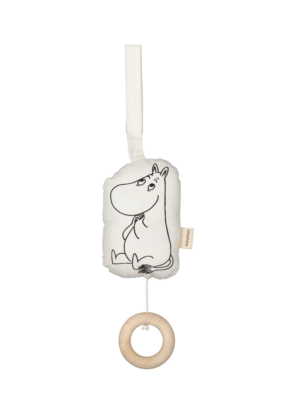 Moomin musikuro i hvid stofpose med stregtegnet figur og rund træring
