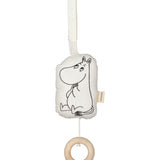 Moomin musikuro i hvid stofpose med stregtegnet figur og rund træring