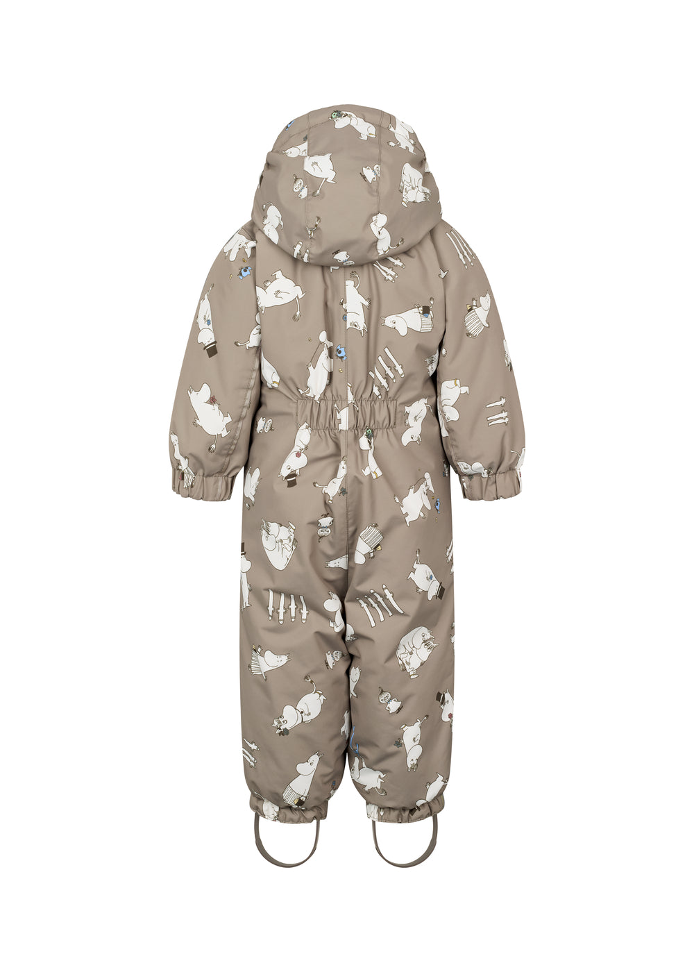 Heldragt flyverdragt i taupe med Moomin-figurmønster, hætte og elastiske manchetter.