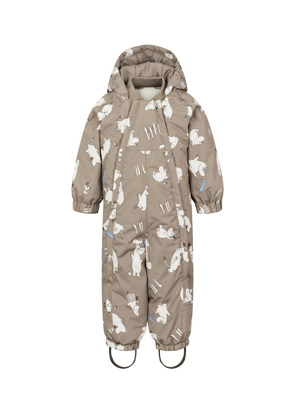 Heldragt flyverdragt i taupe med Moomin-mønster, hætte og snørede benender.
