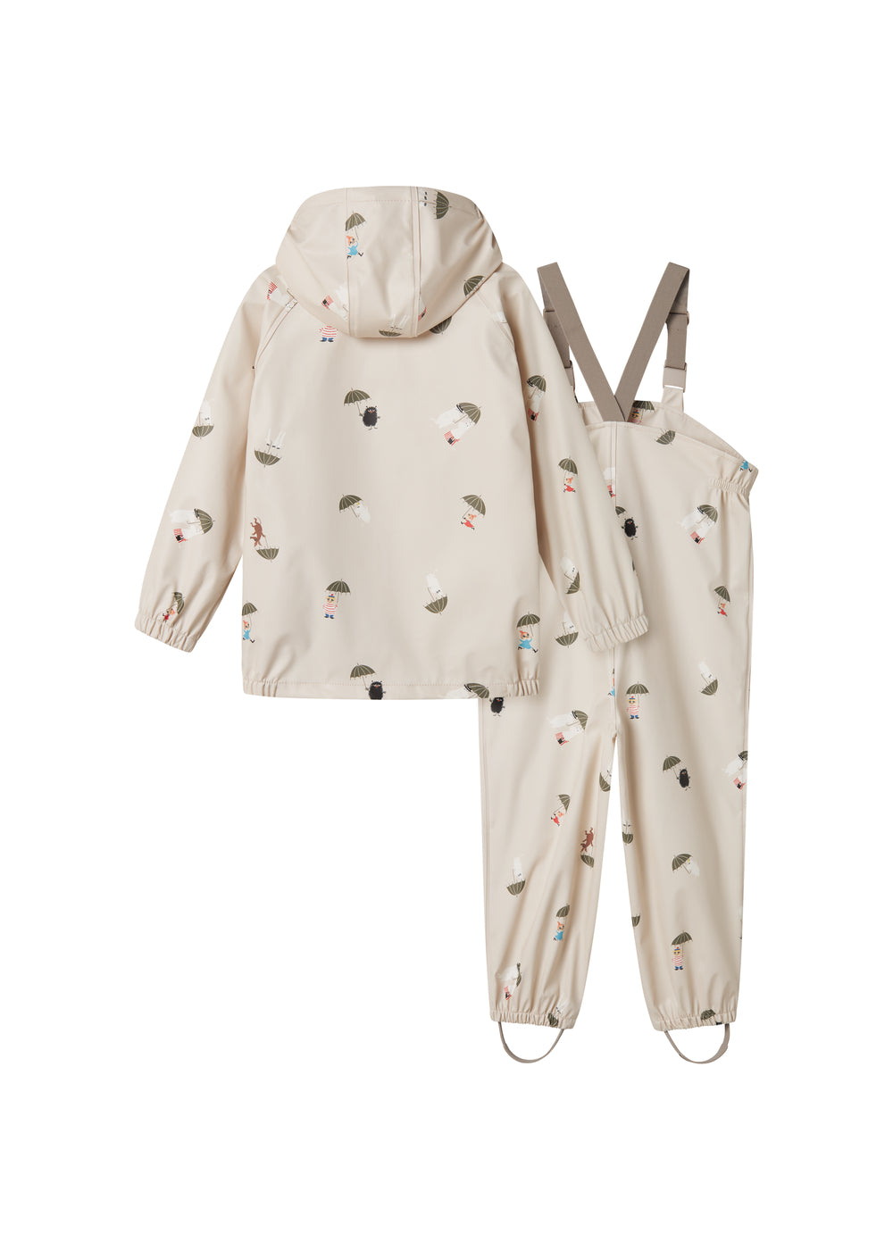 Beige regnjakke og regnbukser med Moomin print, hætte og seler til børn