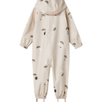 Beige baby regndragt med Moomin print, hætte og fodstropper