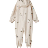 Beige baby regndragt med Moomin print, hætte og fodstropper
