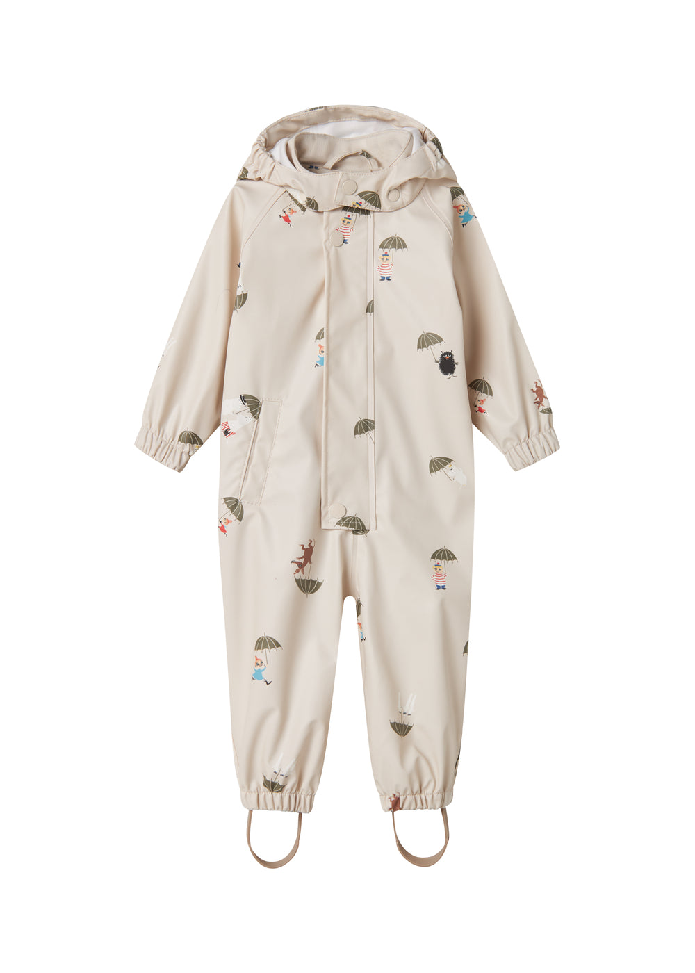 Beige baby regndragt med Moomin print, hætte og fodstropper