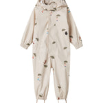 Beige baby regndragt med Moomin print, hætte og fodstropper