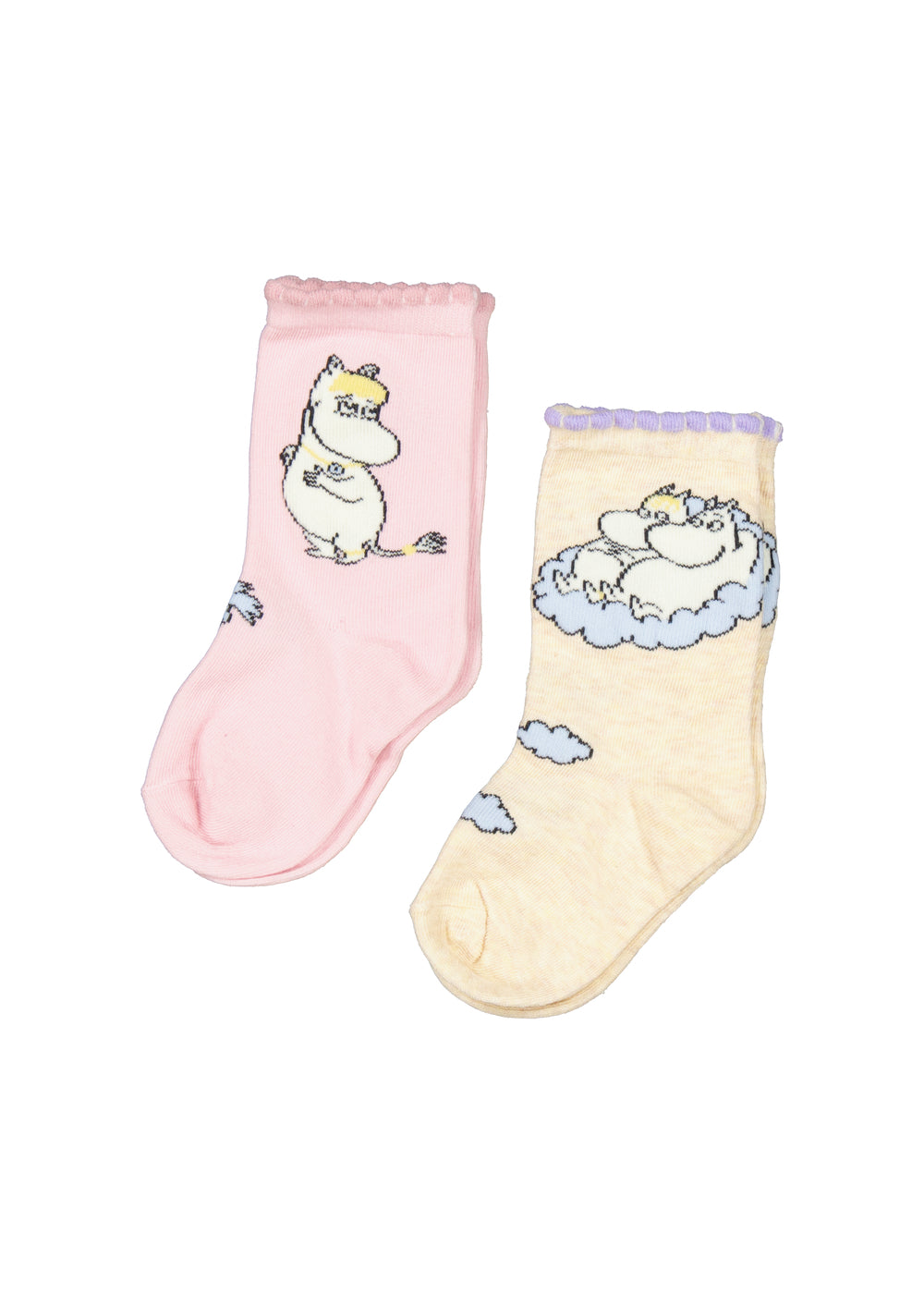 Lyserøde og cremefarvede børnestrømper med Moomin figurer og dekorative kanter