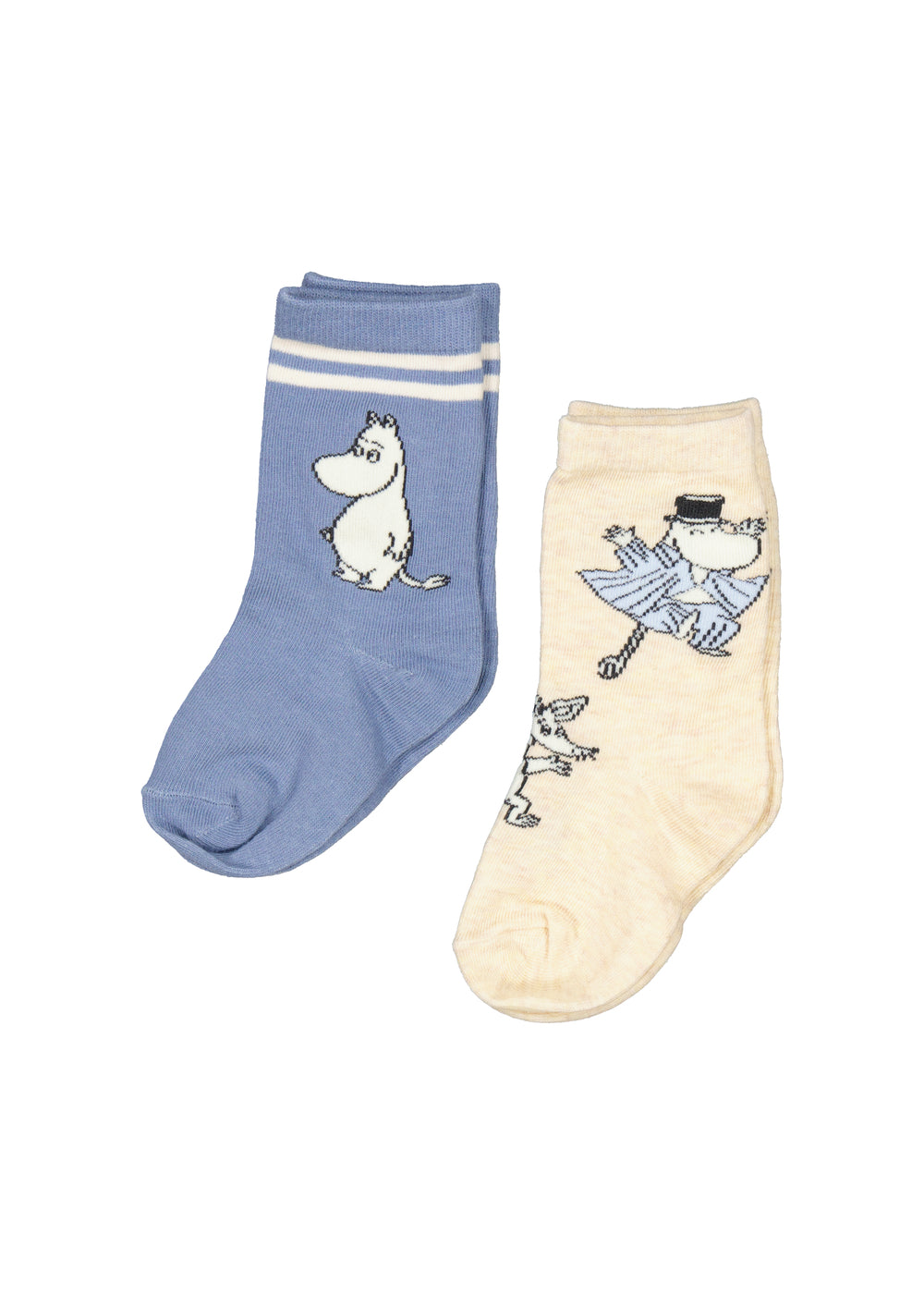 Et par børnestrømper med søde Moomin figurer, den ene i blå, den anden i creme.